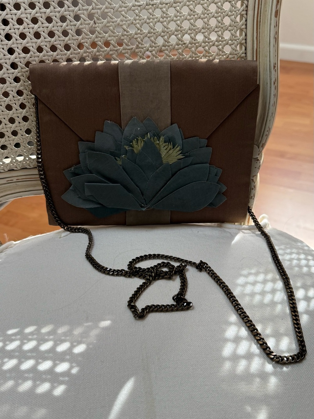 Brown Envelope Crossbody with Green Floral Applique and Chain Strap